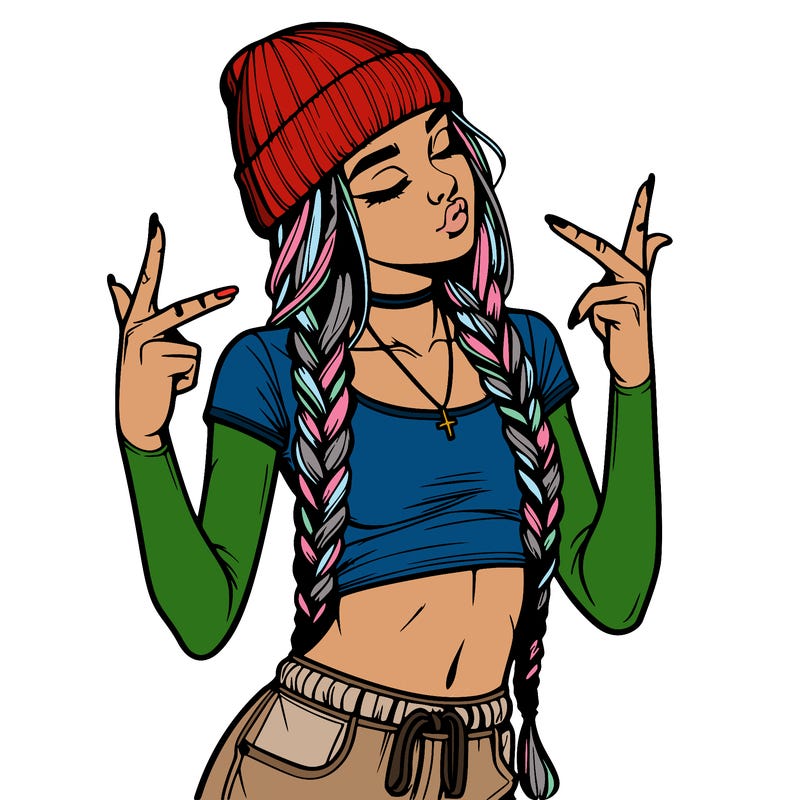 realistic teenage girl with braids and a beanie and crop top doing 🫶🏼