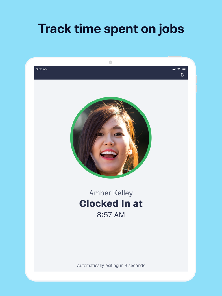 Auris Time Clock app interface on iPad showing an employee successfully clocked in using facial recognition