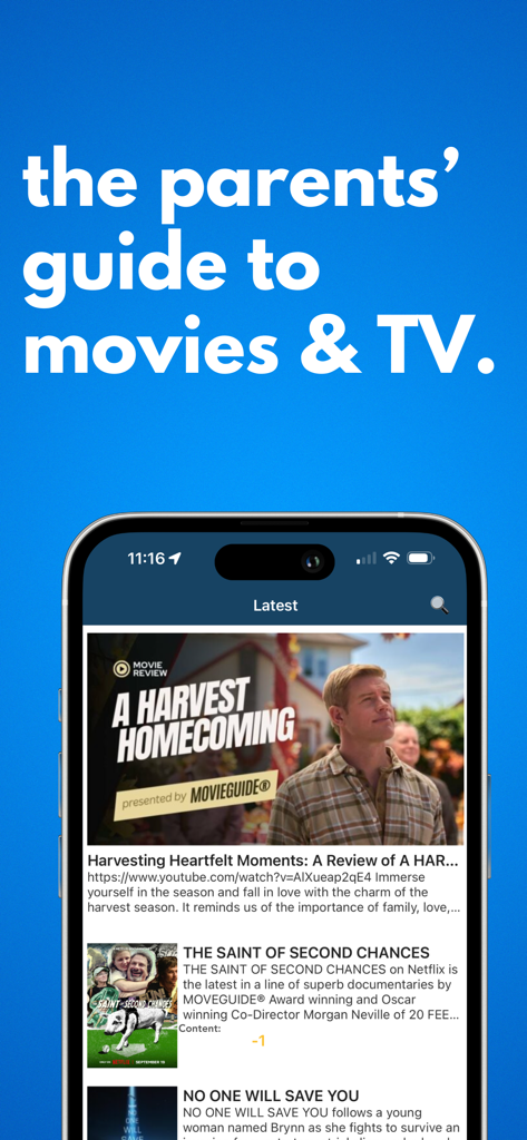 Movieguide® Movie & TV Reviews - Interface do aplicativo Movieguide mostrando avaliações de filmes com o slogan o guia dos pais para filmes e TV