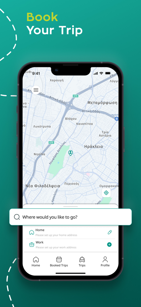 Taxiplon app interface for booking a trip with a map and search bar.