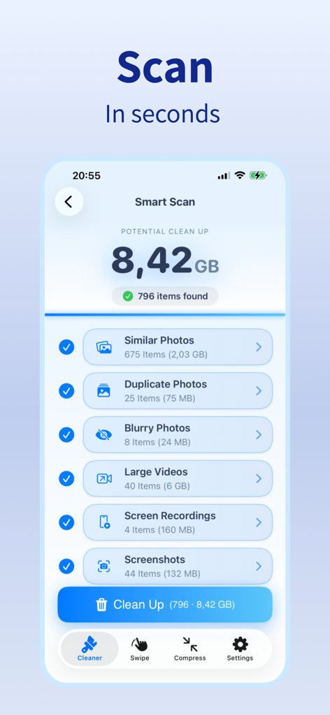 Smartphone screen showing smart scan results with 8.42 GB of storage to clean up including similar photos and large videos