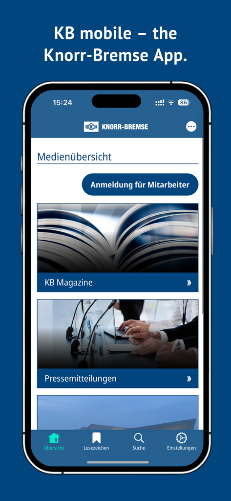 Interface of the Knorr-Bremse mobile app displaying the media overview and magazine section