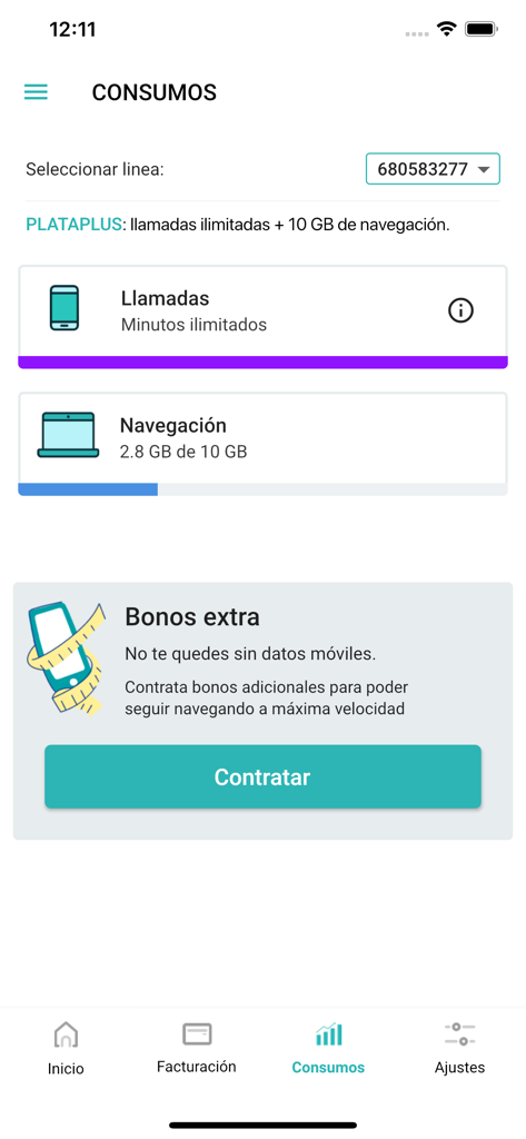 Screenshot of the Mi PTV app showing mobile data and call consumption details