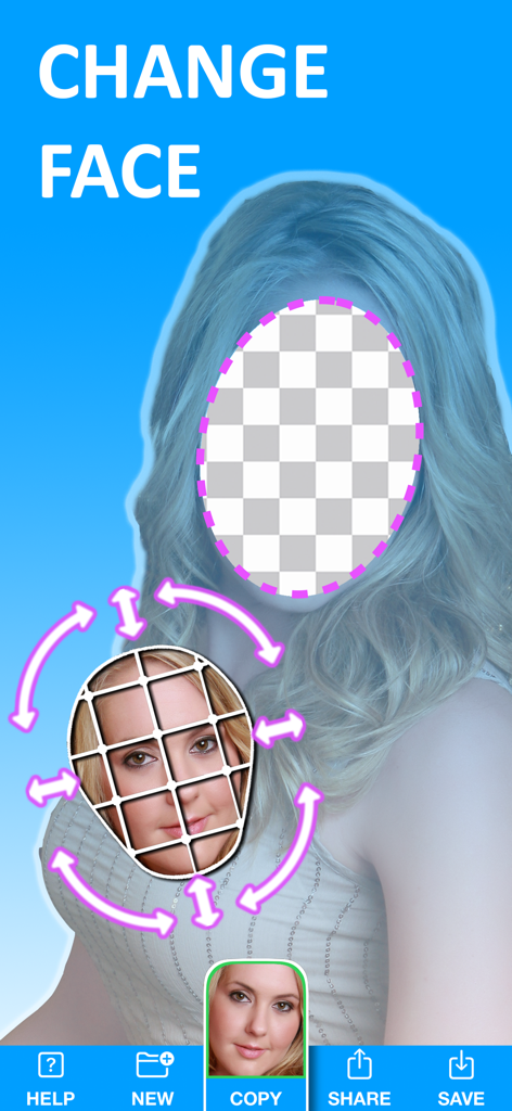 Copy Replace Photo Face Swap - Interface do aplicativo móvel mostrando uma grade de seleção de rosto e um espaço reservado para trocar um rosto em outra foto