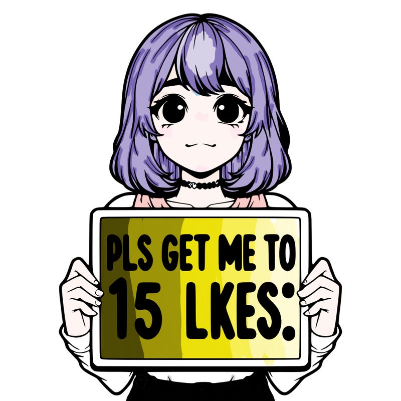 realistic girl holding up a sign that says “pls get me to 15 likes!”