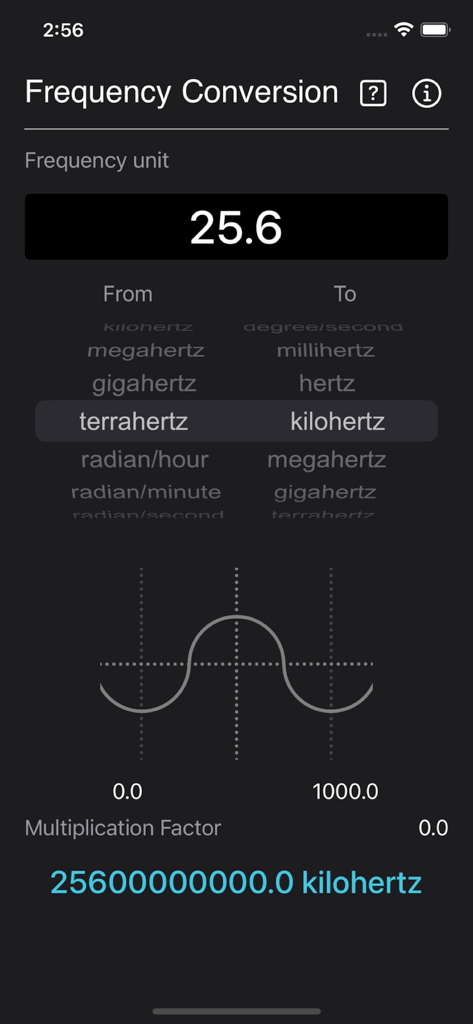 Interfaz de la aplicación Conversión de Frecuencia mostrando unidades de terahertz a kilohertz con una ilustración de onda sinusoidal.