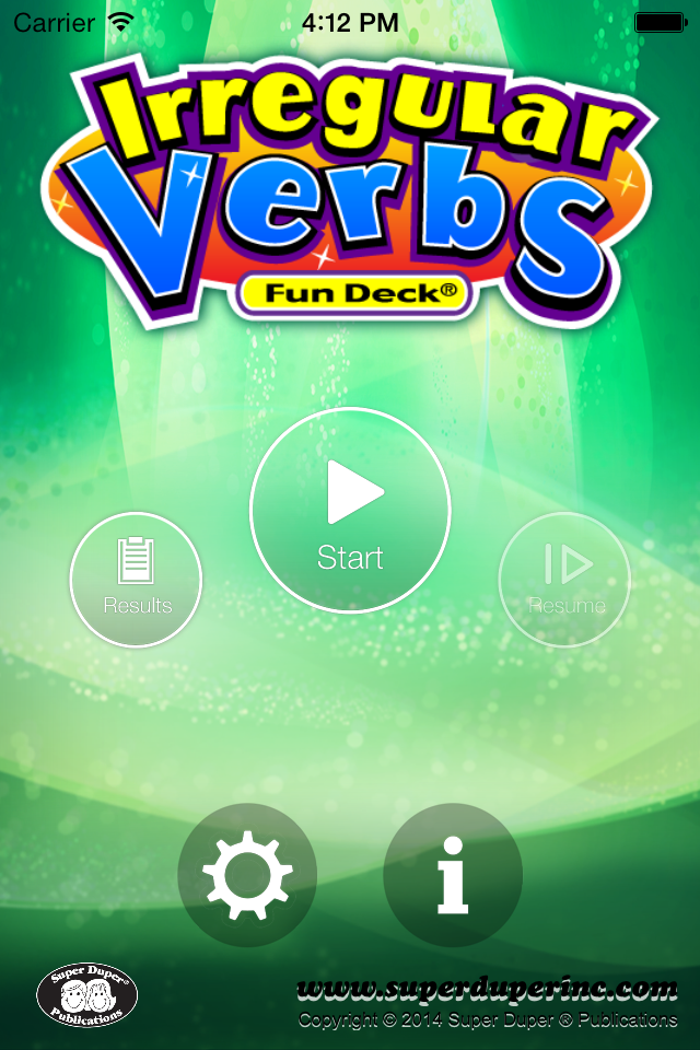 Irregular Verbs Fun Deck - Main menu of the Irregular Verbs Fun Deck app showing buttons for Start Results and Resume on a green background