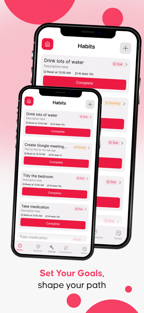mysub: A BDSM Habit Tracker - Interface of the mysub app showing a habit tracking list with tasks like drinking water and tidying the bedroom