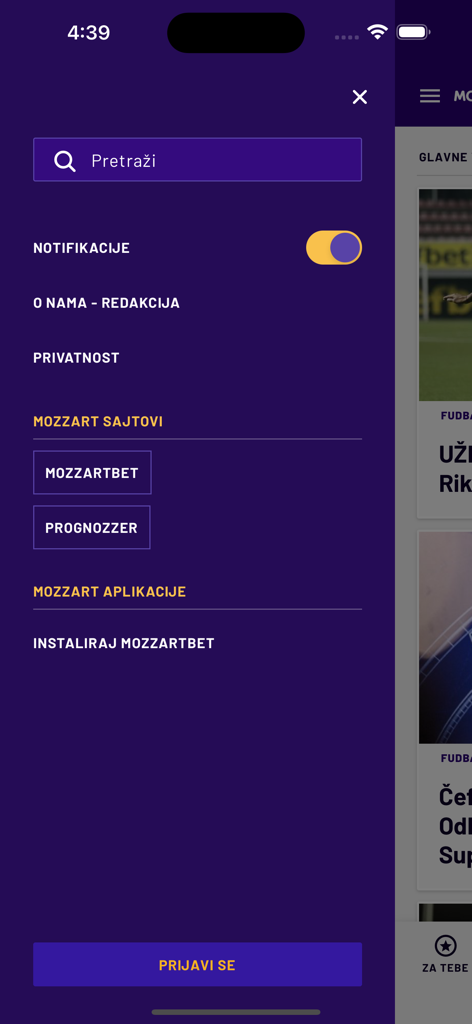 Navigationsmenü der Mozzart Sport Portal App auf Serbisch