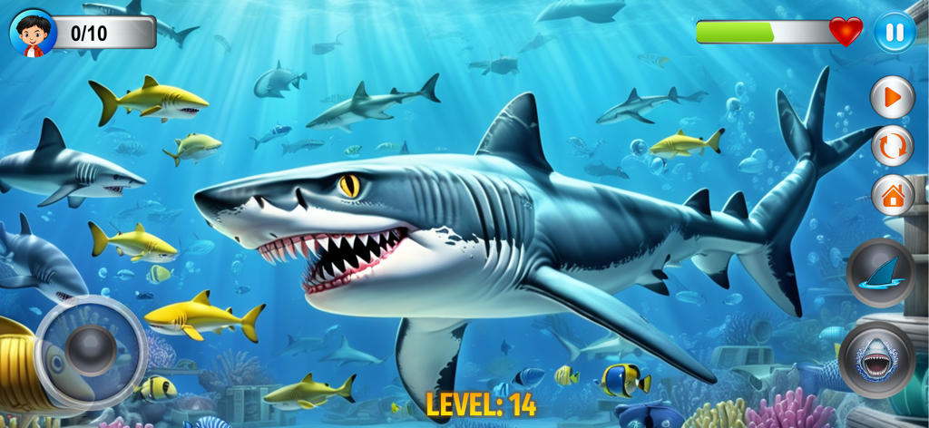 Angry Shark Simulator Games 3d - A 3D shark swimming in a vibrant underwater ocean in Angry Shark Simulator