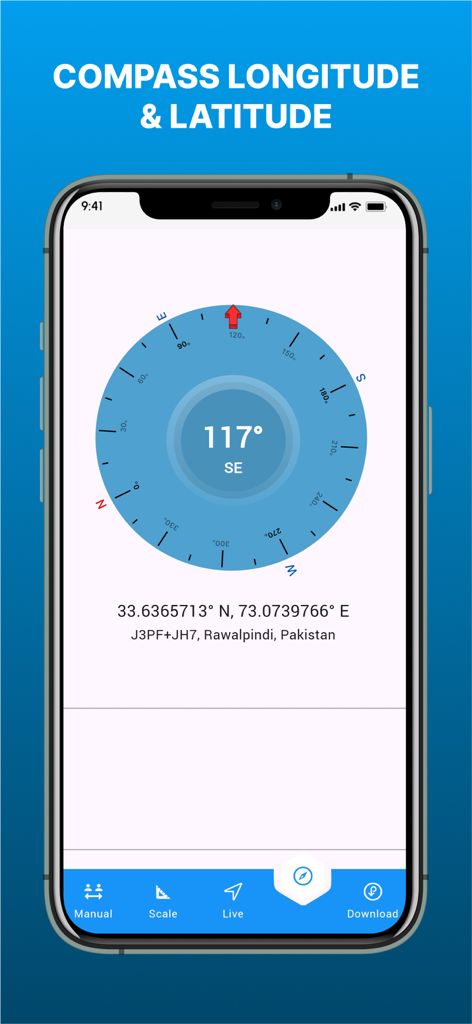 GPS Land Area Measure Live - Bússola digital mostrando coordenadas de longitude e latitude no aplicativo Medição de Área de Terreno GPS