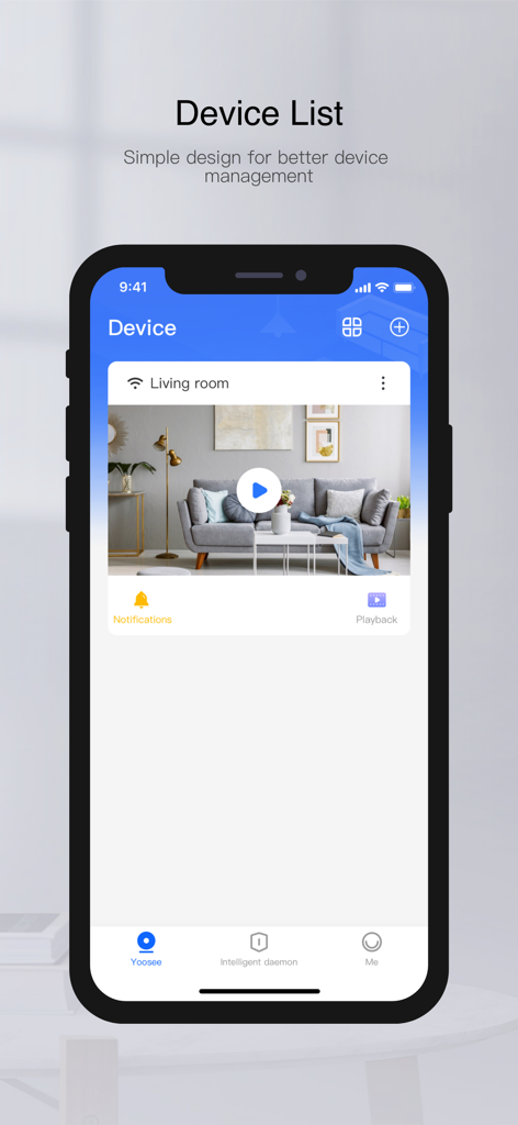 L'interface de l'application Yoosee affiche la liste des appareils avec le flux vidéo de la caméra du salon.