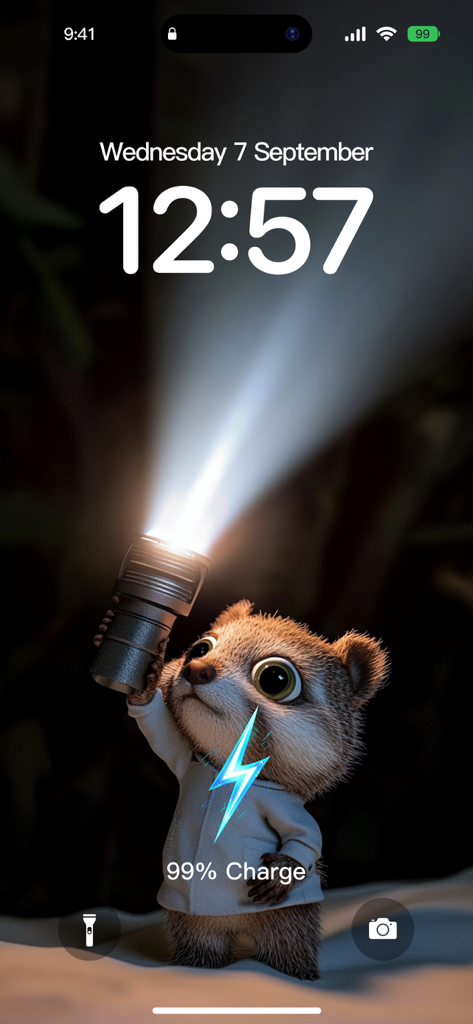 Cute animated creature holding a flashlight as an iPhone charging animation