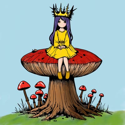realistic girl sitting on a huge tree stump size toadstool with thorn crown