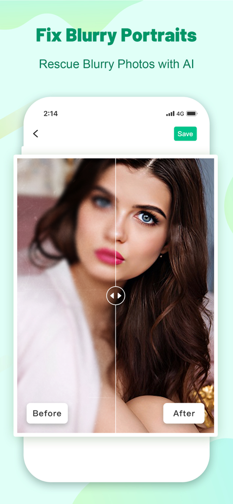 Apowersoft: Background Eraser - Before and after comparison showing the AI photo enhancement of a blurry portrait