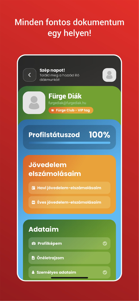 Fürge Diák Iskolaszövetkezet - User profile dashboard of the Furge Diak app showing profile status income statements and personal documents