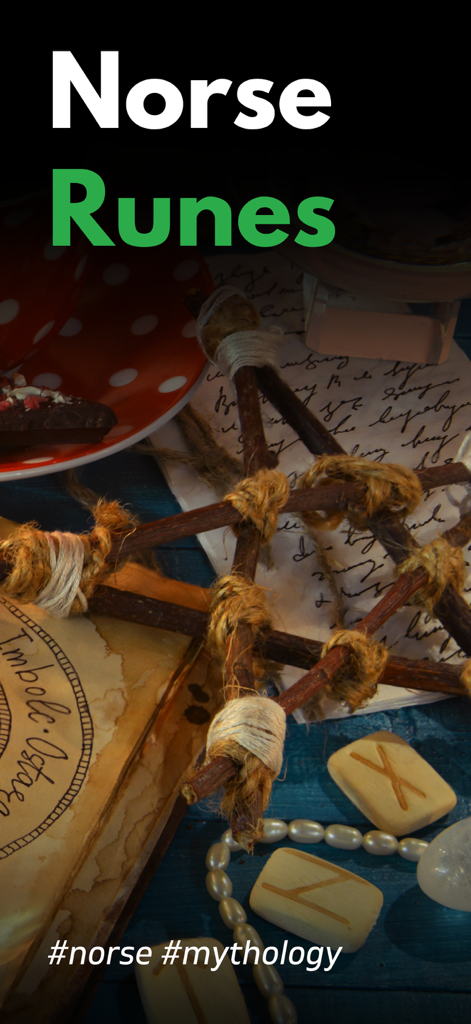 Norse Runes & Mythology - A mystical arrangement of wooden runes and a twig star representing ancient Norse wisdom and divination