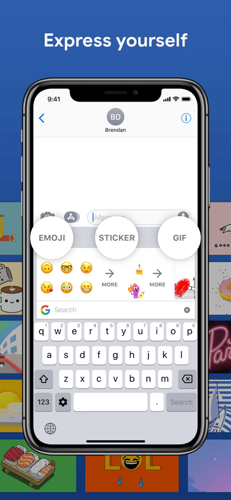Interfaz de Gboard para iOS que destaca las funciones de búsqueda de emojis, stickers y GIFs en un iPhone