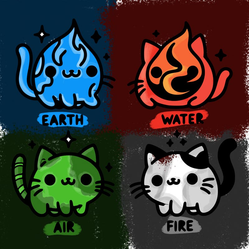 4 cats that represent the different elements, earth, water, air, and fire