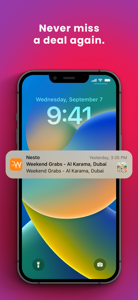 WoWDeals: Shopping Deals - WoWDeals app notification on an iPhone lock screen showing local shopping offers in Dubai.