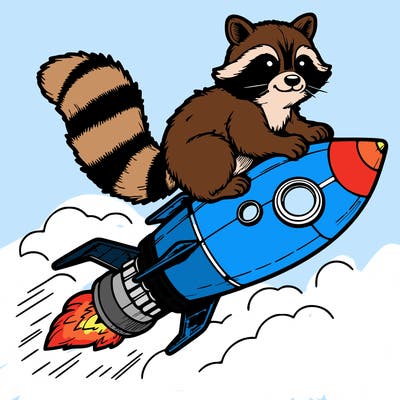 realistic raccoon flying on top rocket ship