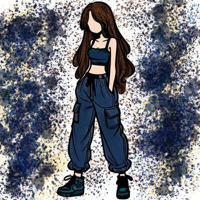 girl in baggy pants crop top and long hair