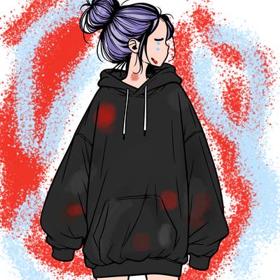 realistic girl with a oversized sweatshirt on and a bun