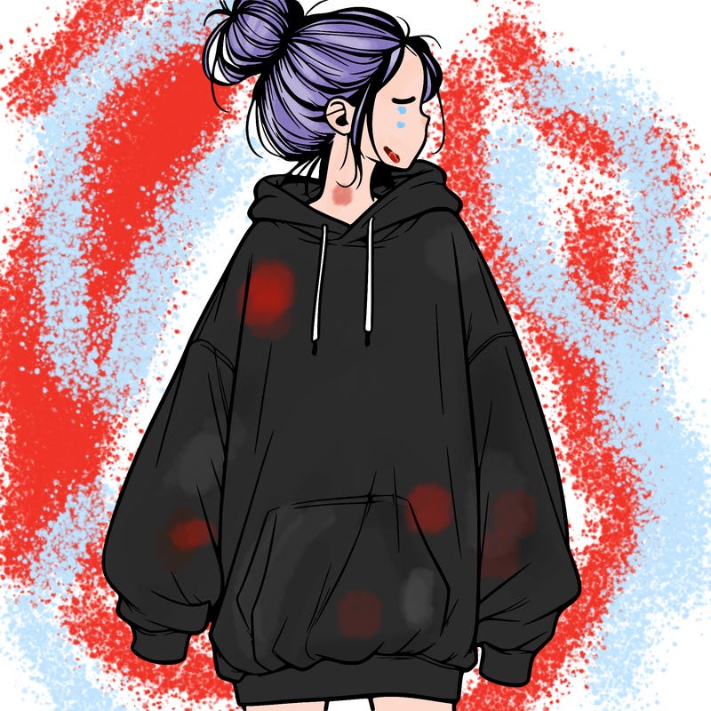 realistic girl with a oversized sweatshirt on and a bun