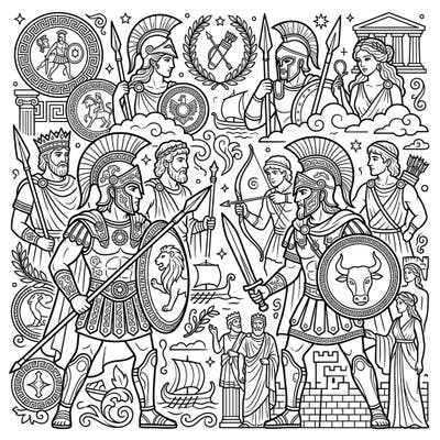 Journey back to ancient Greece with this captivating coloring page featuring legendary Trojan War figures. Bring heroes, gods, and epic battles to life with your vibrant colors.