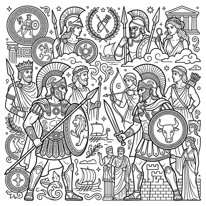 Journey back to ancient Greece with this captivating coloring page featuring legendary Trojan War figures. Bring heroes, gods, and epic battles to life with your vibrant colors.