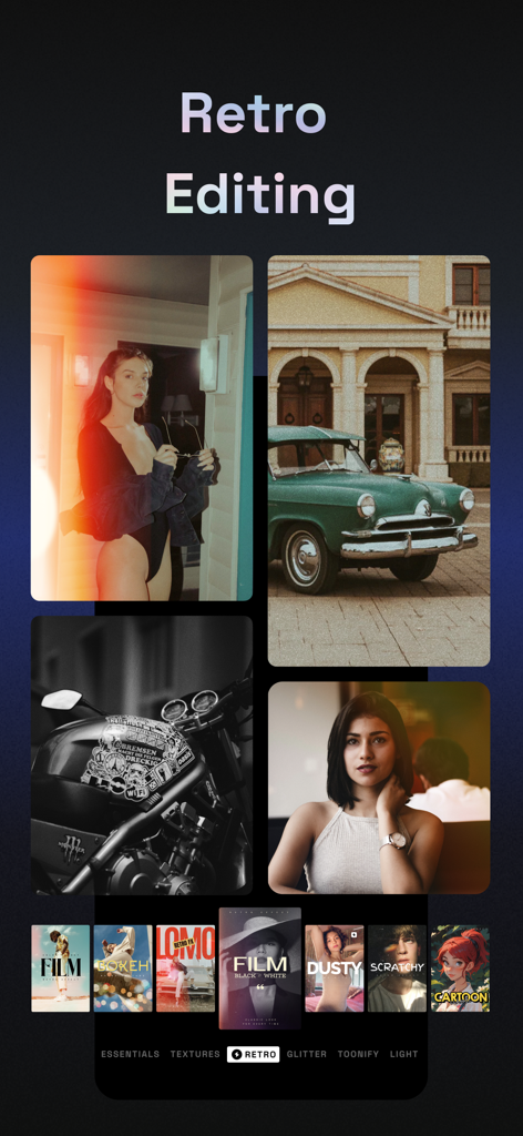 Filterloop app interface showcasing retro photo editing effects and vintage filter packs