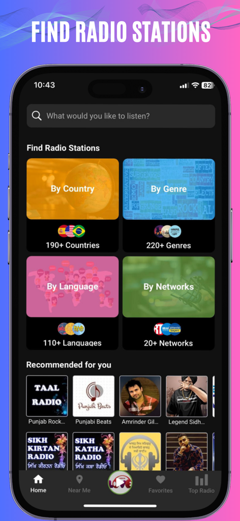 Interface da aplicação Rádio FM mostrando categorias de estações de rádio por país, género e idioma.