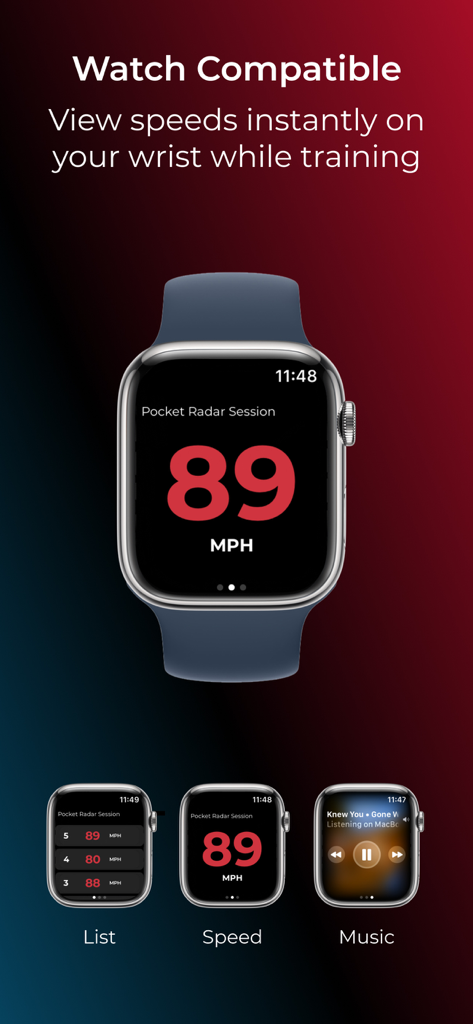 Pocket Radar® Sports - Apple Watch displaying real-time speed measurements from the Pocket Radar Sports app during training.