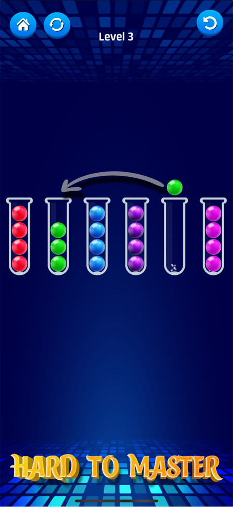 Ball Puzzle: Sort Color Balls - Juego de Ball Puzzle mostrando bolas de colores clasificándose en tubos de vidrio con una flecha indicando el movimiento.