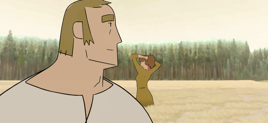 Pine: A Story of Loss - 風光明媚な野原に立つ木工職人と妻の手描きのイラスト