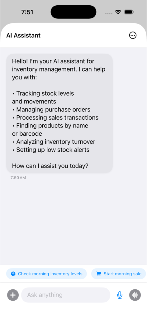 Inventory & Sales Manager - AI assistant screen for inventory tracking and sales management