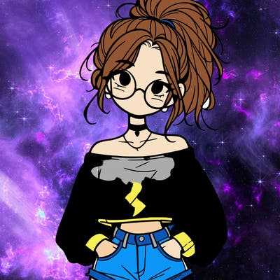 girl with a messy ponytail glasses a baggy crop top and jean shorts