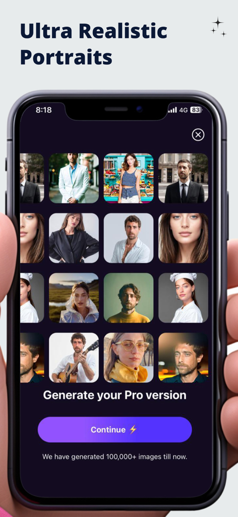 Headshot Pro AI: Perfect Photo - Interfaz de la aplicación móvil que muestra una cuadrícula de diversos retratos profesionales ultra realistas generados por IA
