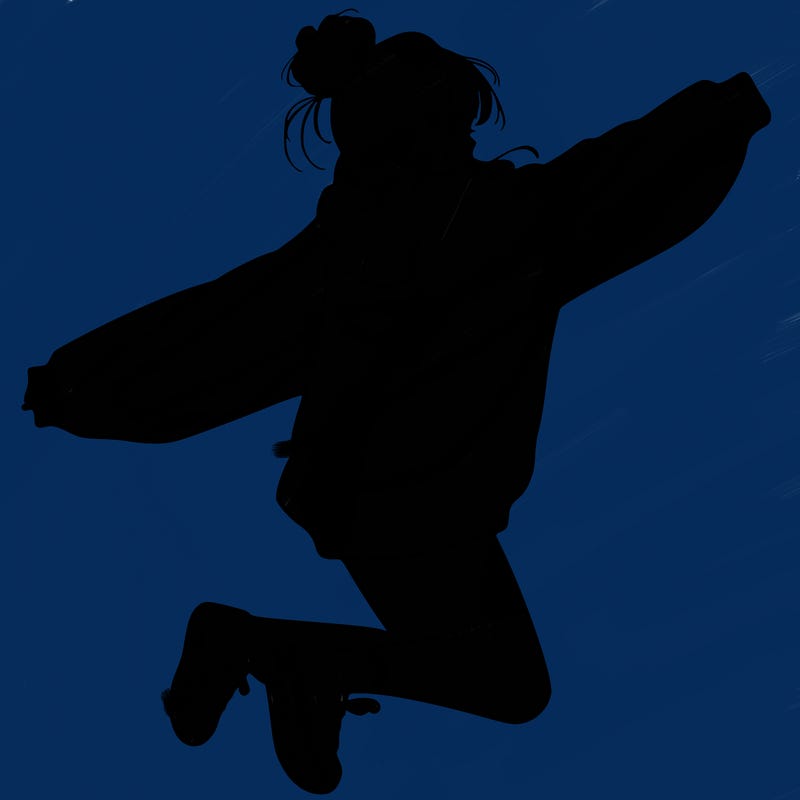 realistic girl jumping with a bun and oversized sweatshirt