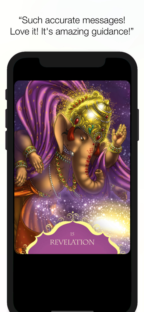Whispers of Lord Ganesha - Whispers of Lord Ganesha app showing the Revelation oracle card with spiritual artwork
