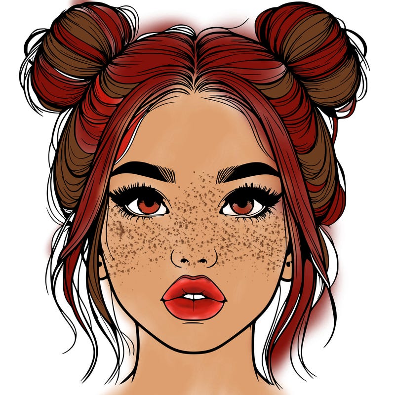 realistic girl with two buns on her hair and lips