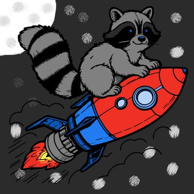 realistic raccoon flying on top rocket ship