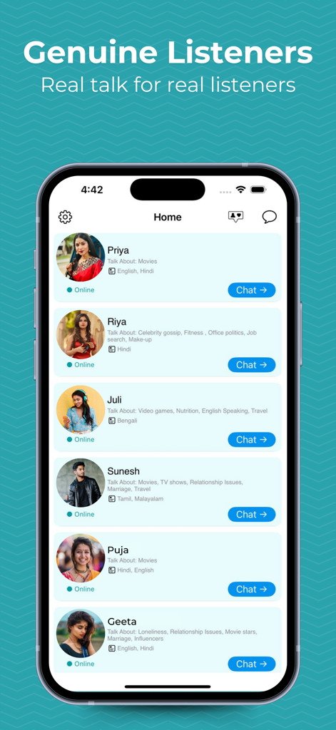Oppy - Oppy mobile app interface showing a list of empathetic listeners available for chat