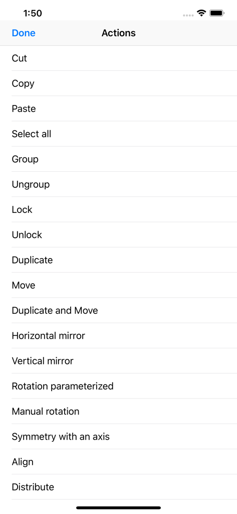 iPocket Draw - El menú Acciones en iPocket Draw mostrando herramientas de edición CAD profesionales como agrupar, reflejar y alinear.