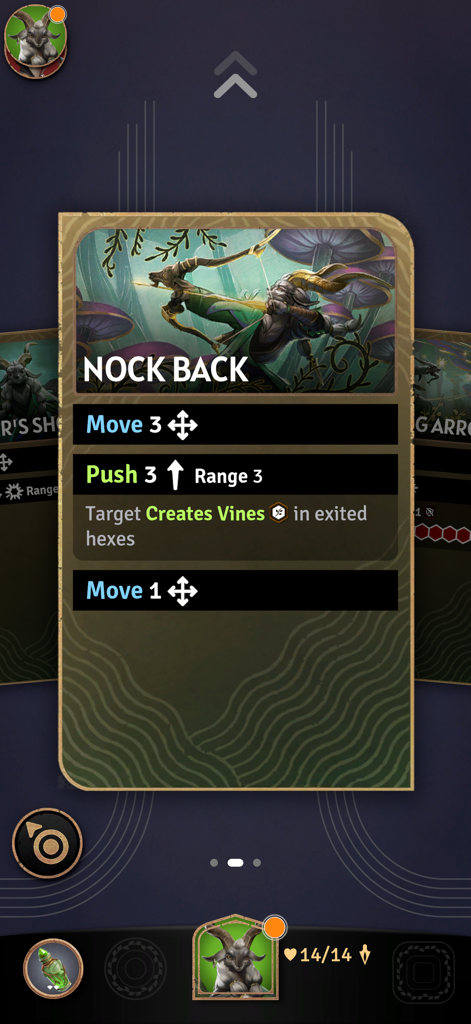 Sunderfolk Controller app interface displaying a Nock Back tactical ability card for a goat archer character.