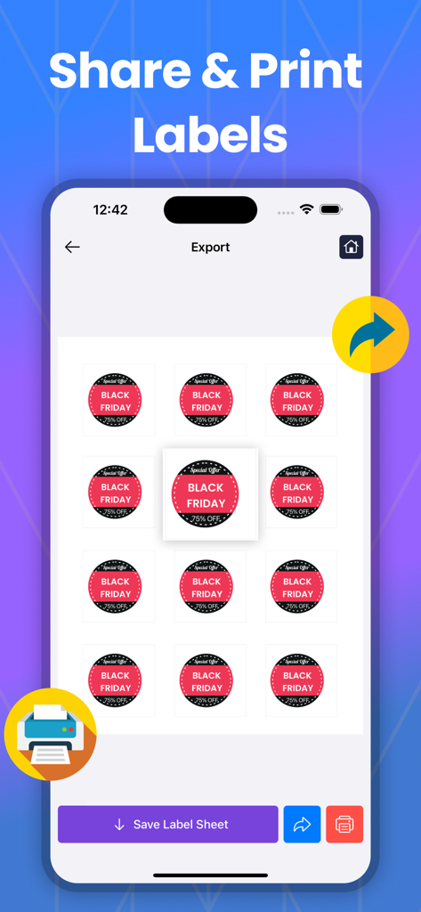 AI Label Maker: Label Printer - Mobile app screen showing a sheet of circular Black Friday promotional labels ready to be saved shared or printed