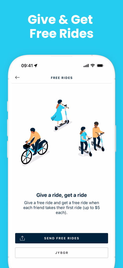 Bird app screen showing the give and get free rides referral program with illustrations of people on electric scooters and bikes