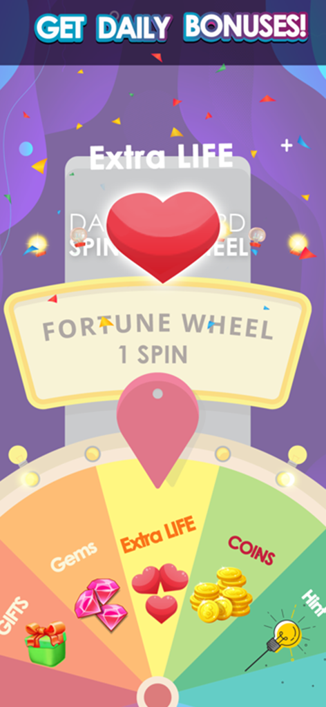 Trivia Quiz Test Games - Fortune wheel screen showing daily bonuses including gems coins and extra lives for the trivia quiz game