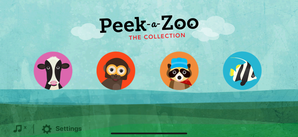 Menú principal de la aplicación Peek-a-Zoo The Collection que muestra iconos de vaca, mono, mapache y pez para diferentes juegos de animales.
