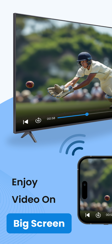 Smart View : Screen Cast - Tela de smartphone espelhando um jogo de críquete em uma grande tela de televisão